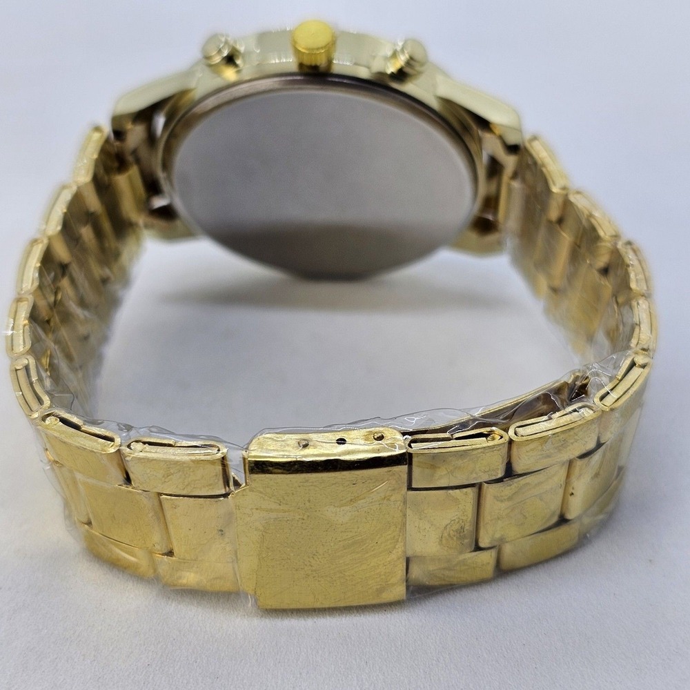 Men's 2PC Watch Bracelet Set 41MM Black Dial Date Gold Bracelet Band 7" Wrist - Picture 10 of 14